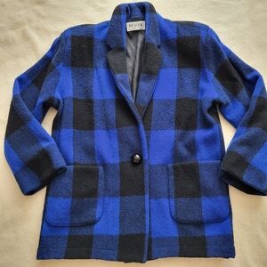 Vintage 80's Wool Blazer Blue & Black Plaid Women's Size Large